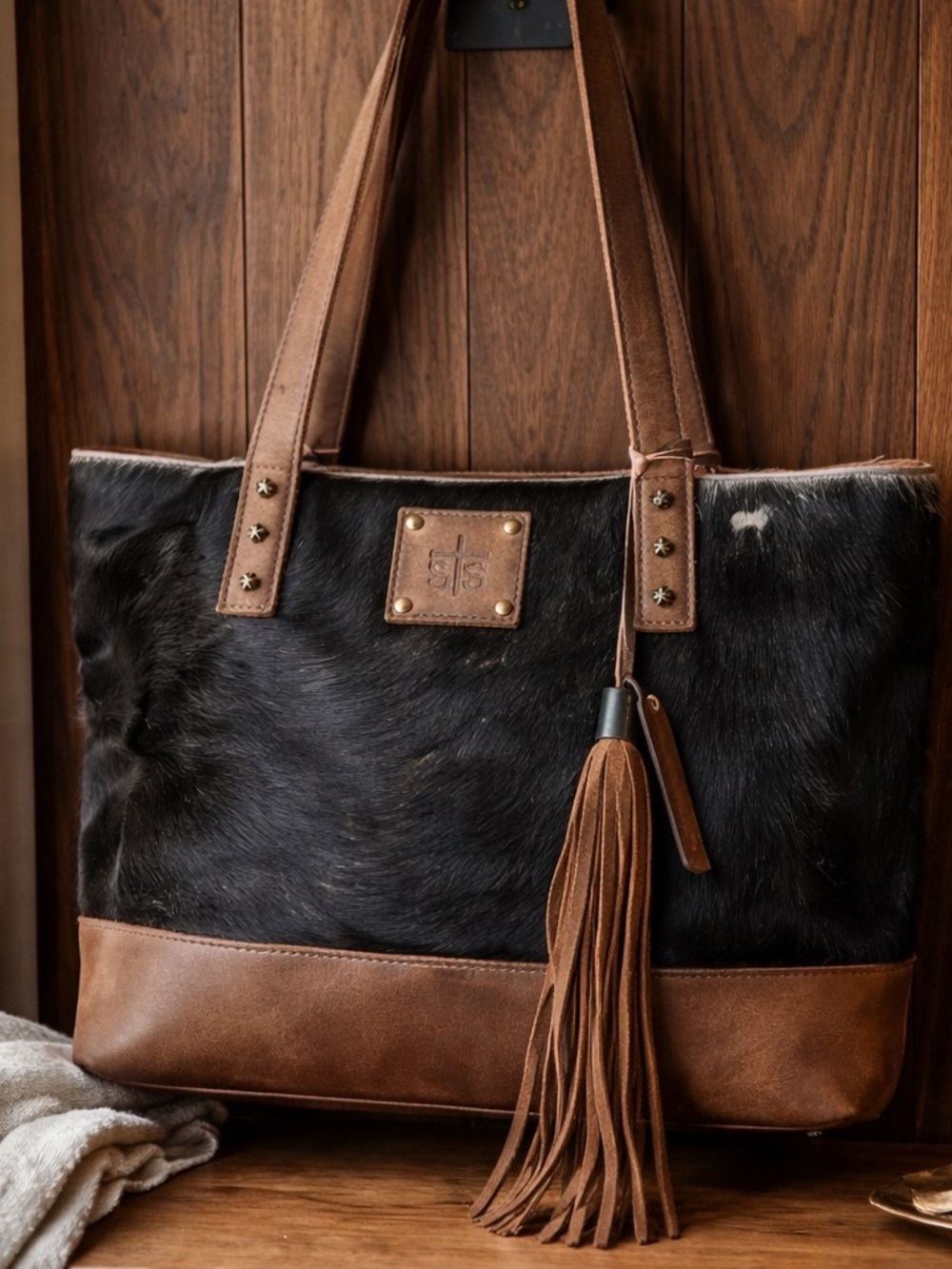 STS Ranchwear Black Haircalf and Brown Leather Tassel Tote
